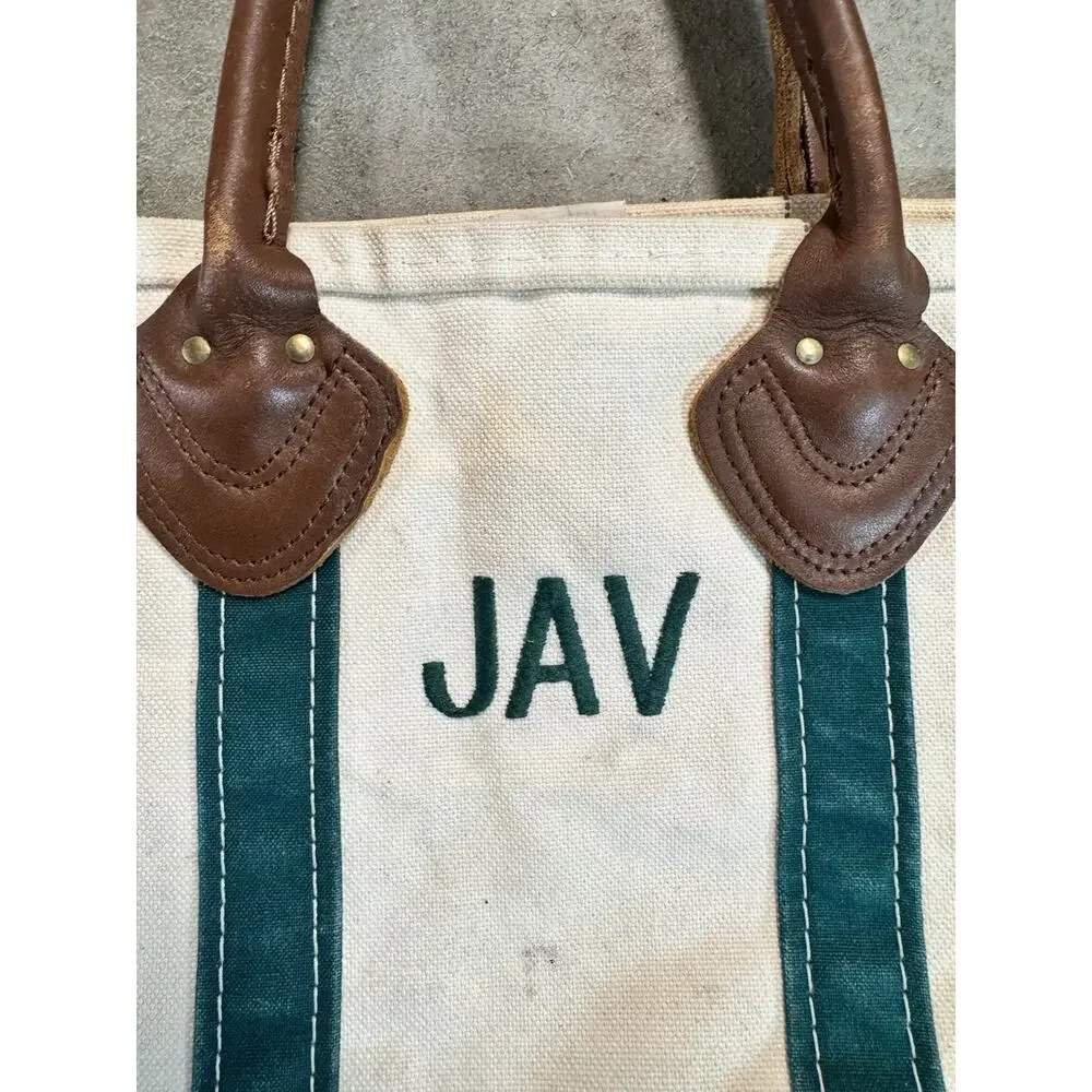 Vintage 80s LL Bean Boat Tote Canvas Bag Medium Green & White Made In USA
